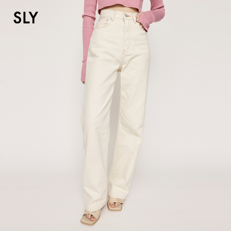 SLY夏季新品象牙色高腰简约直筒宽松牛仔裤女030GSR11-1660-封面