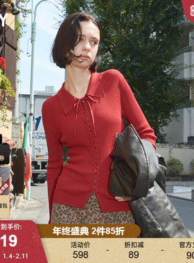 SLY 2025秋季新品通勤风系带翻领修身长袖针织衫女030IAZ70-1451