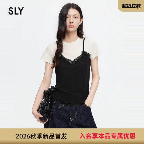 SLY 2026夏季新品法式休闲风假两件撞色蕾丝吊带T恤038JSA80-1009