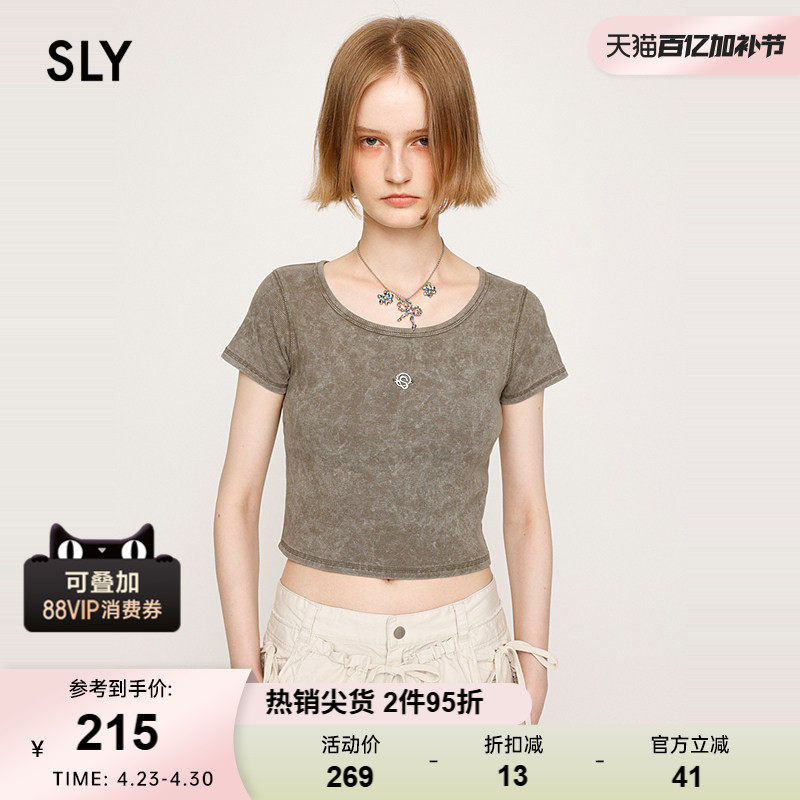 SLY 夏季新品复古金属标小巧短款圆领短袖T恤女030ISR80-3311