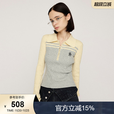 SLY 2025秋季新品复古学院风撞色翻领半拉链针织衫030IAZ70-2751