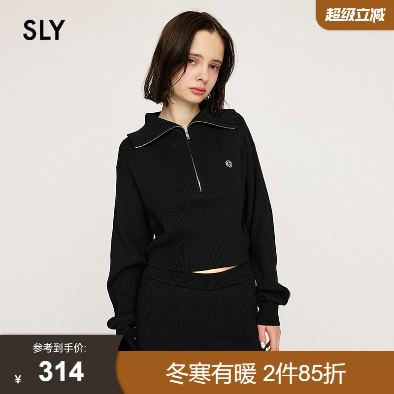 SLY 2025夏季新品半拉链大翻领金属标短款针织卫衣030ISR70-0771