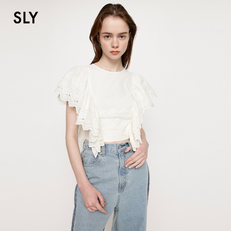 sly成熟淑女风露背蕾丝短袖衬衫