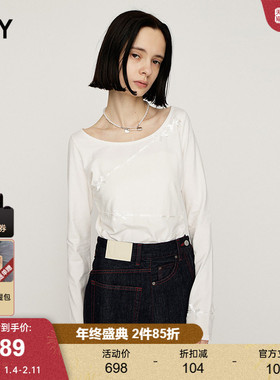 SLY 2025冬季新品温柔风不对称蝴蝶结拼接长袖T恤女030IAZ80-3251