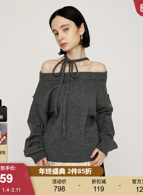 SLY2025冬季新品慵懒风蝴蝶结绑带露肩宽松毛针织衫030IAR70-3131