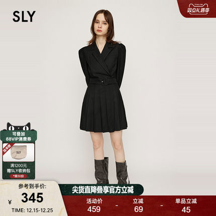 SLY 清冷知性风气质附腰带收腰垫肩西装百褶连衣裙030HAA33-2191