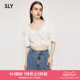 SLY 夏季新品甜辣蝴蝶结低圆领泡泡袖抽褶短袖衬衫038GSL30-5300