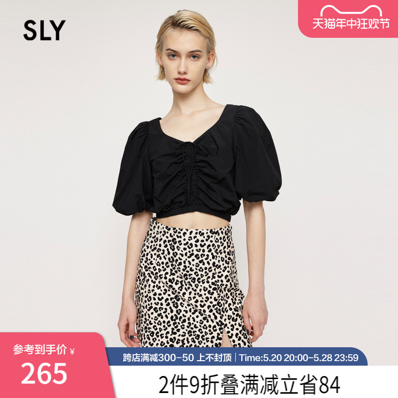 SLY 夏季新品甜辣蝴蝶结低圆领泡泡袖抽褶短袖衬衫038GSL30-5300 女装/女士精品 衬衫 原图主图