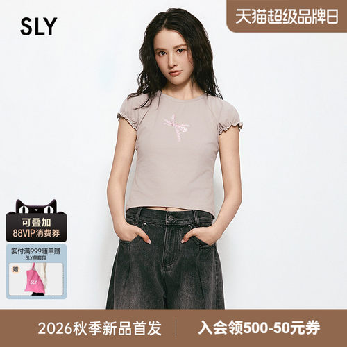 SLY 2026夏季新品甜美风波点蝴蝶结印花木耳袖边T恤038JSZ90-1004