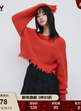 sly慵懒风磨损设计毛衣古着感宽松套头针织衫030GAZ70-1680