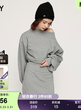 SLY气质淑女风纯色简约舒适一字领针织连衣裙短裙女030HSR83-1981