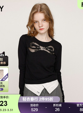 SLY春季新品甜美温柔风蕾丝蝴蝶结长袖针织衫女030IAZ80-2121