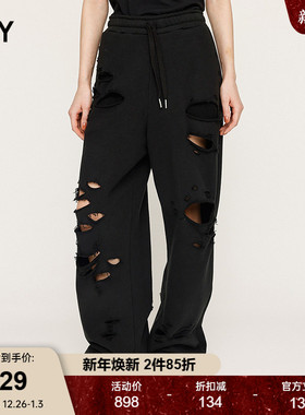 SLY2025秋季新品街头潮酷风破洞抽绳阔腿休闲长裤女030IAZ81-0571