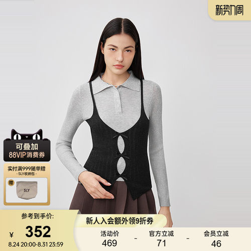 SLY 春季新品甜美日系撞色翻领针织衫两件套女038IAU70-0061