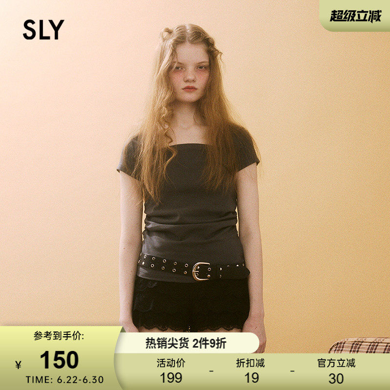 SLY 夏季新品简约修身通勤纯色方领短袖T恤女030ISR80-3251