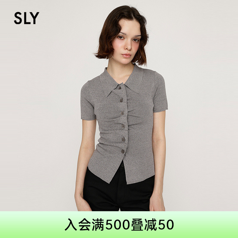 SLY2025夏季新品简约通勤风纯色翻领正肩短袖针织衫030IAR70-0431