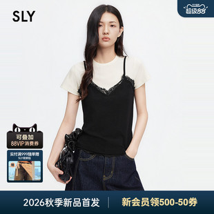 SLY 2026夏季新品法式休闲风假两件撞色蕾丝吊带T恤038JSA80-1009