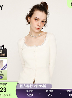 SLY春季新品淑女风蕾丝边圆领修身长袖针织衫女030IAZ70-1411