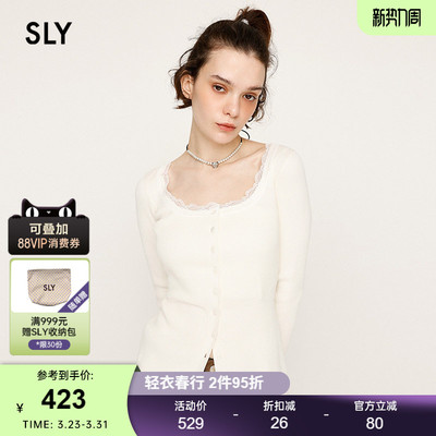 SLY春季新品淑女风蕾丝边圆领修身长袖针织衫女030IAZ70-1411