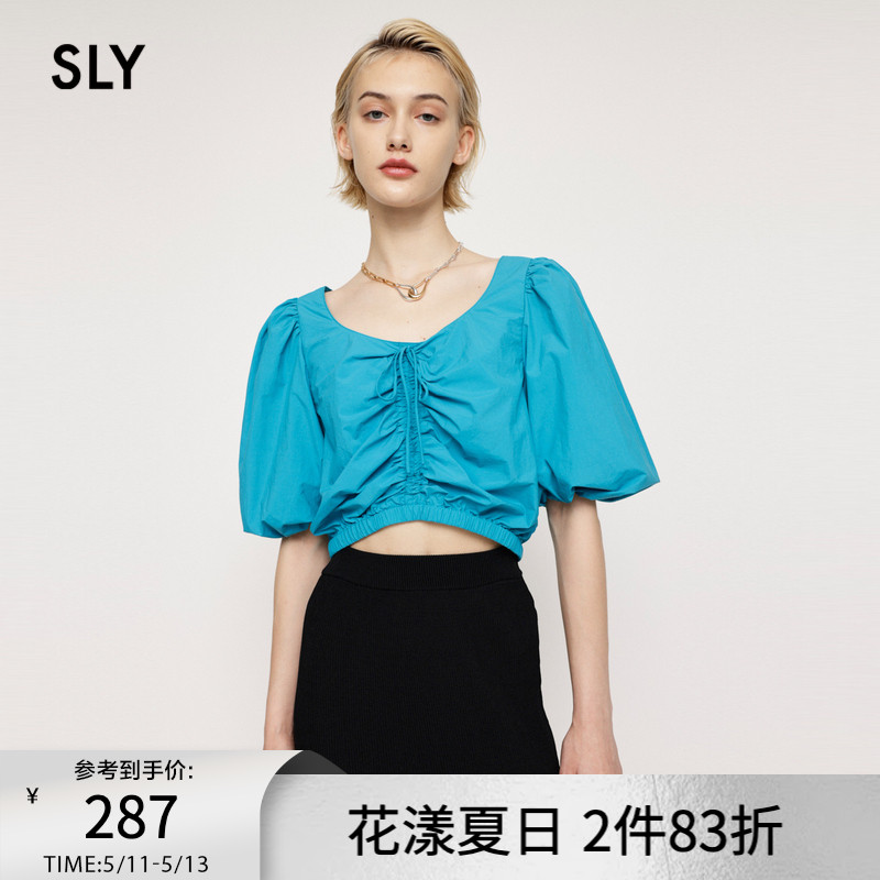 SLY 夏季新品甜辣蝴蝶结低圆领泡泡袖抽褶短袖衬衫038GSL30-5300