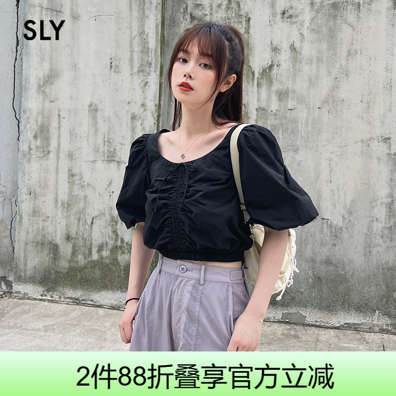 sly甜美风低圆领泡泡袖抽褶衬衫
