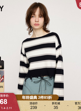 SLY 新品甜美日系撞色条纹磨损毛边时尚针织衫毛衣038HSL70-4090