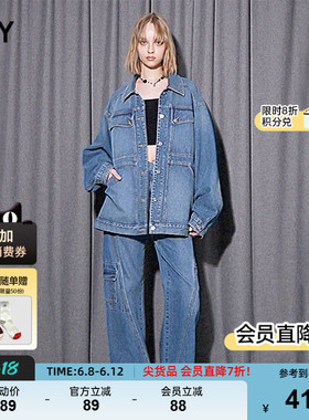 SLY 春季不对称口袋复古蓝色直筒牛仔裤女030HSY11-1040