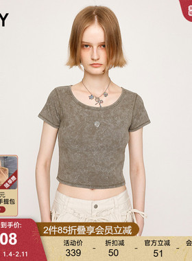 SLY 夏季新品复古金属标小巧短款圆领短袖T恤女030ISR80-3311