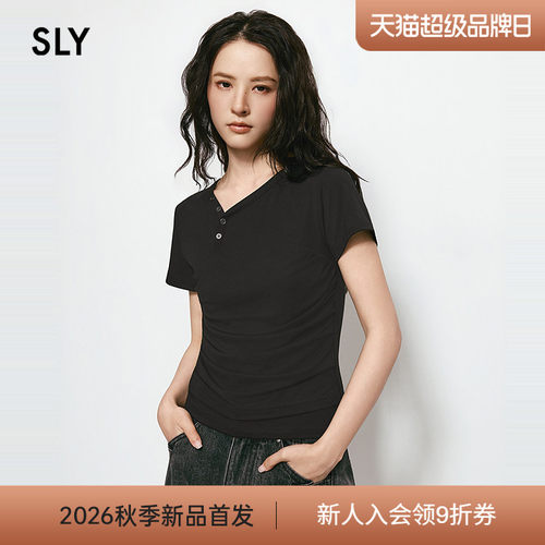 SLY 2026夏季新品辣妹风斜襟纽扣褶皱收腰短袖T恤女038JSZ80-1005