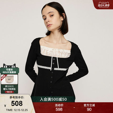 SLY2025秋季新品甜美日系蕾丝拼接蝴蝶结绑带针织衫030IA470-2911