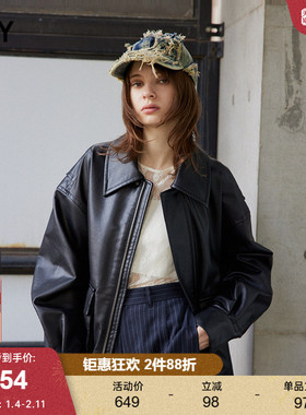SLY 24冬季新品复古廓形翻领宽松皮衣夹克外套女030HAY30-5161