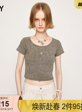 SLY 夏季新品复古金属标小巧短款圆领短袖T恤女030ISR80-3311