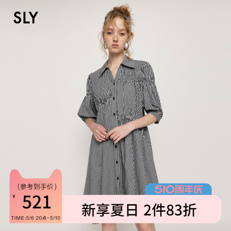 sly泡泡袖不规则格纹衬衫连衣裙