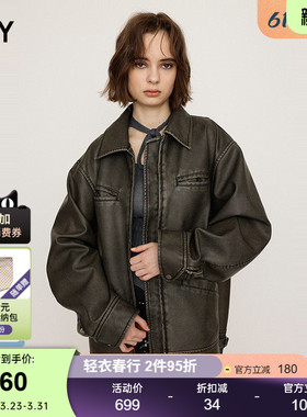 SLY 25春季新品复古男友风廓形口袋PU皮夹克外套030ISZ30-1081