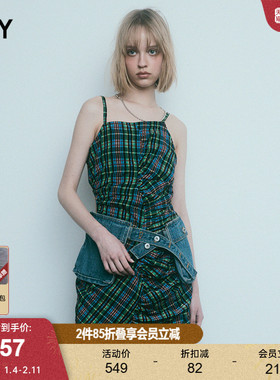 SLY 春季Y2K复古怀旧格纹捏褶吊带连衣裙女030HSM33-1700
