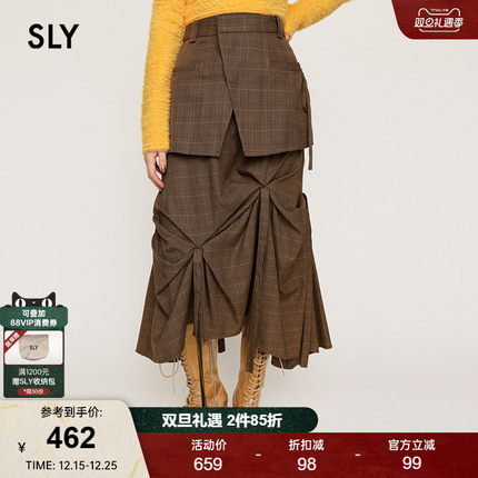 SLY 2024冬季新品复古港风不规则褶皱假两件半身裙030HAZ31-3711