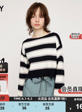 SLY 新品甜美日系撞色条纹磨损毛边时尚针织衫毛衣038HSL70-4090