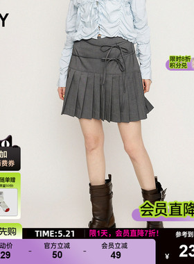 SLY 夏季新品双绑带蝴蝶结百褶裙拼接半身裙女030ISR31-5291
