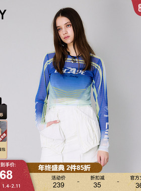 SLY 春季渐变色图案Y2K玫瑰透视薄纱T恤女030HSZ90-2590