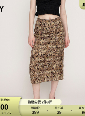 SLY 夏季新品通勤优雅垂感豹纹中长半身裙女 030ISR31-3211