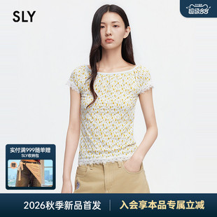 SLY 2026夏季新品清新田园风小黄碎花蕾丝花边T恤女038JSA80-1013