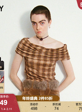 SLY 2025早秋新品复古格子捏褶一字领短袖针织衫女030IAR80-0681