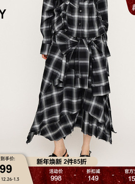 SLY2025早秋新品复古松弛感系带不规则纽扣拼接半裙030IAZ31-0881