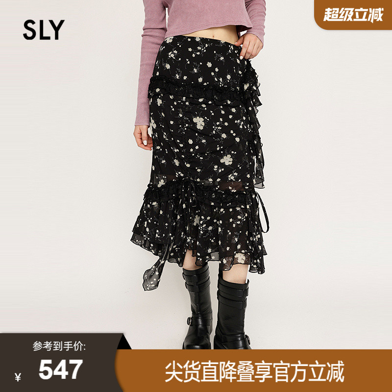 SLY 2025春季新品出游碎花不规则抽褶荷叶边半身裙030ISZ31-0951