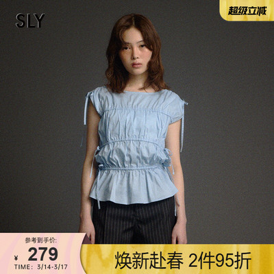 SLY早春新品甜美系带飞飞袖褶皱修身圆领衬衫女030ISZ30-4441