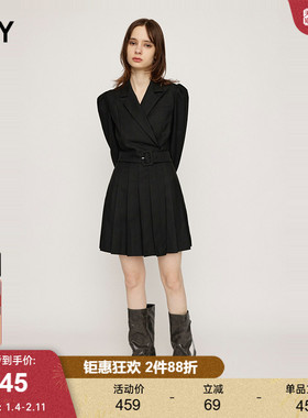 SLY 清冷知性风气质附腰带收腰垫肩西装百褶连衣裙030HAA33-2191