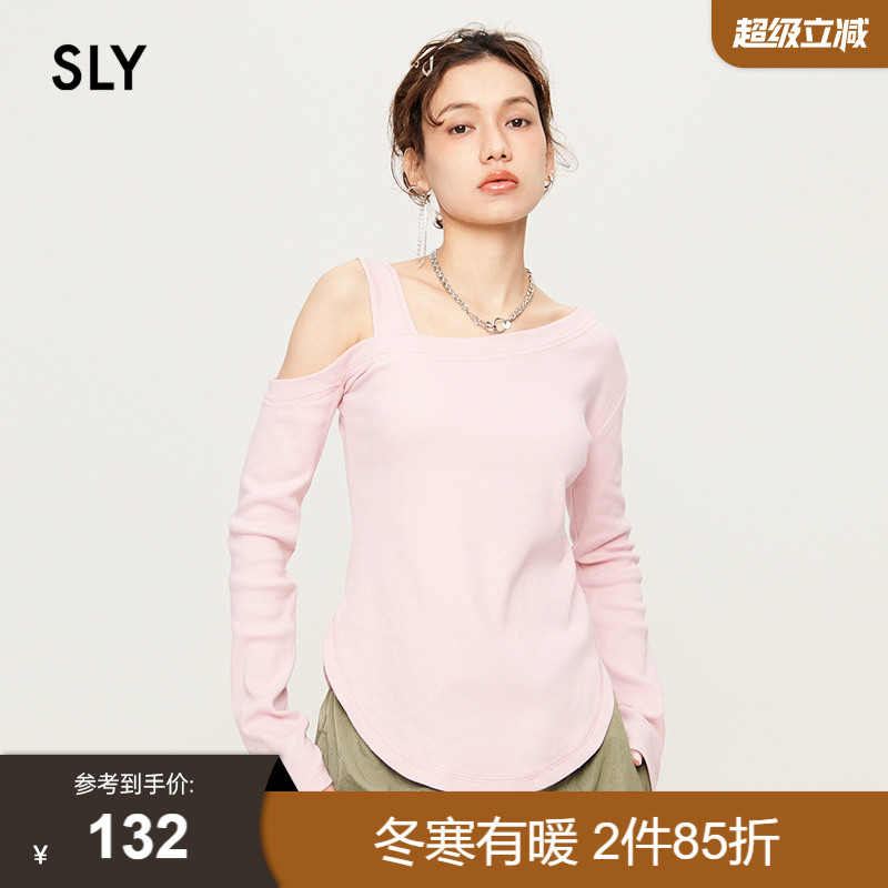 SLY单边露肩设计斜领条纹T恤