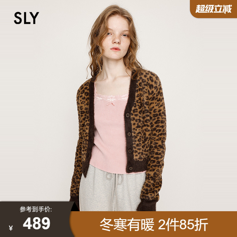 SLY 2025秋季新品复古风豹纹V领修身长袖针织开衫女030IAY70-1751