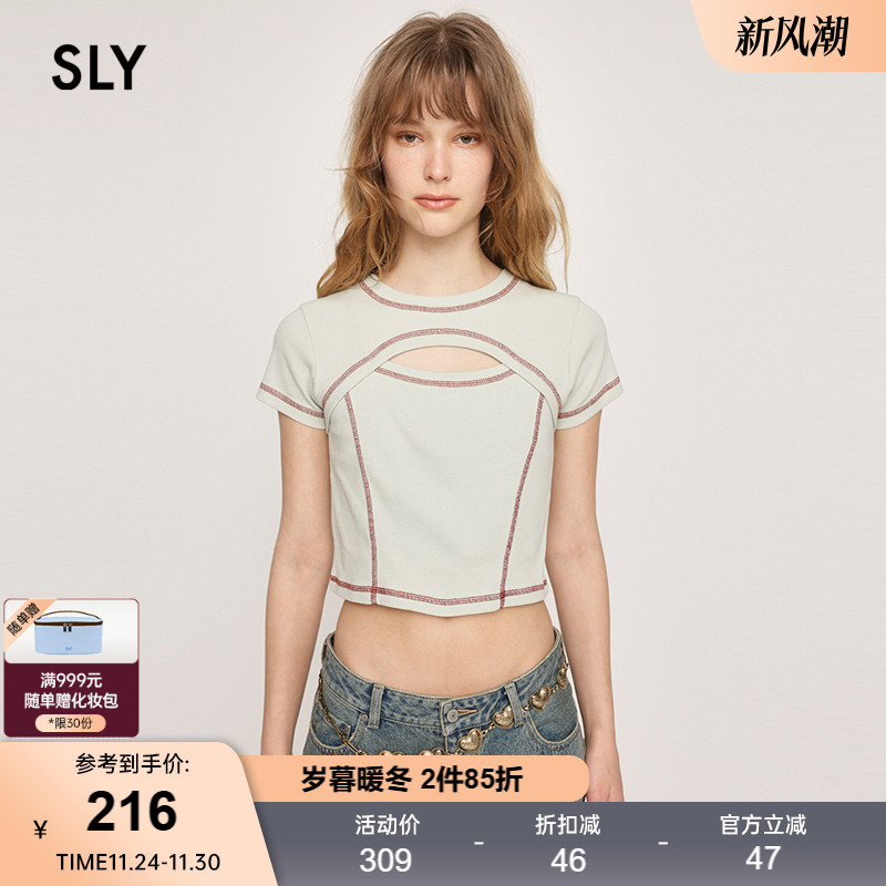 SLY美式复古辣妹镂空短款直筒T恤