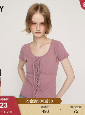 SLY 2025夏季新品甜美系带圆领修身舒适短袖上衣030ISR80-4551